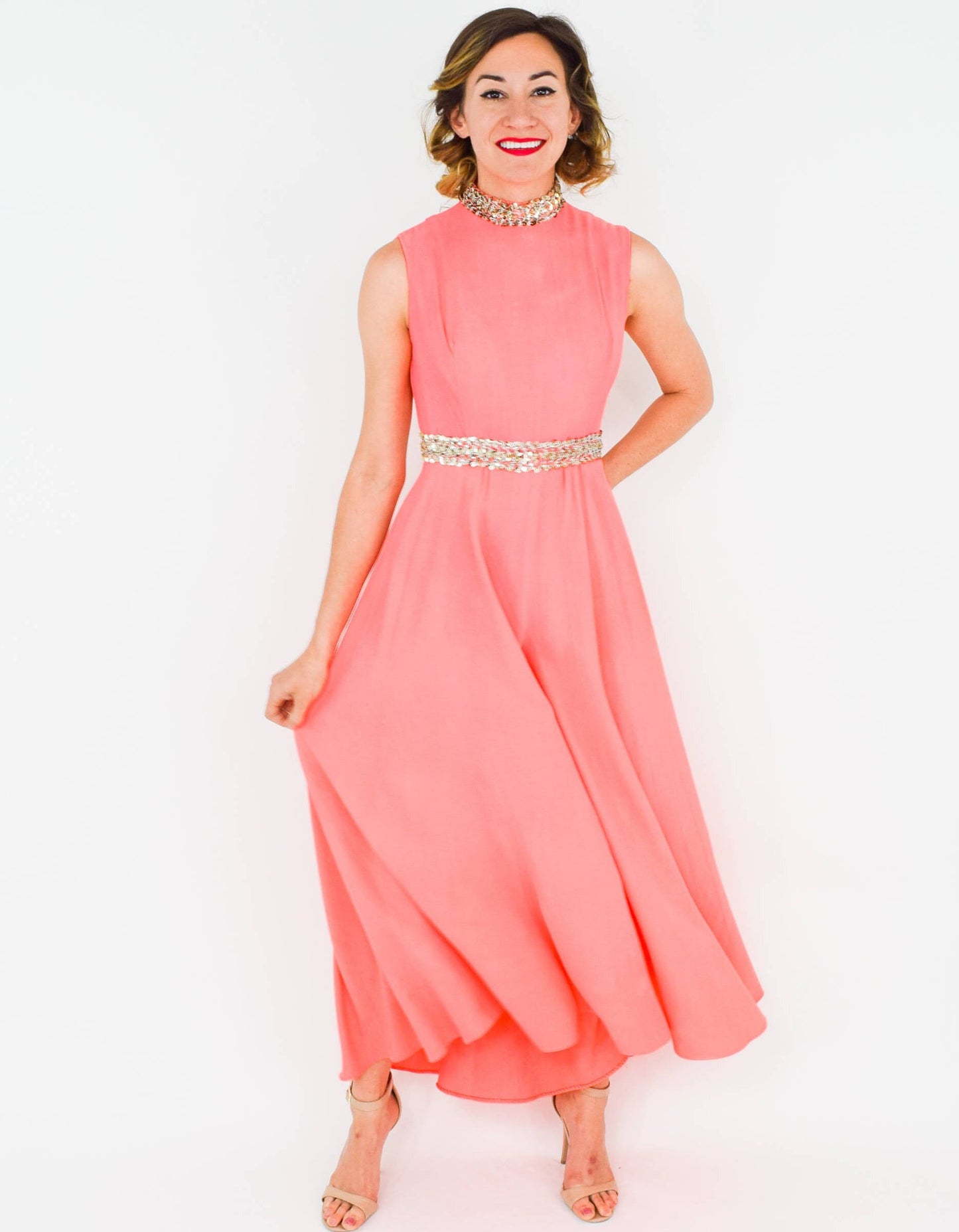 1960s Coral Crepe Palazzo Jumpsuit, Small