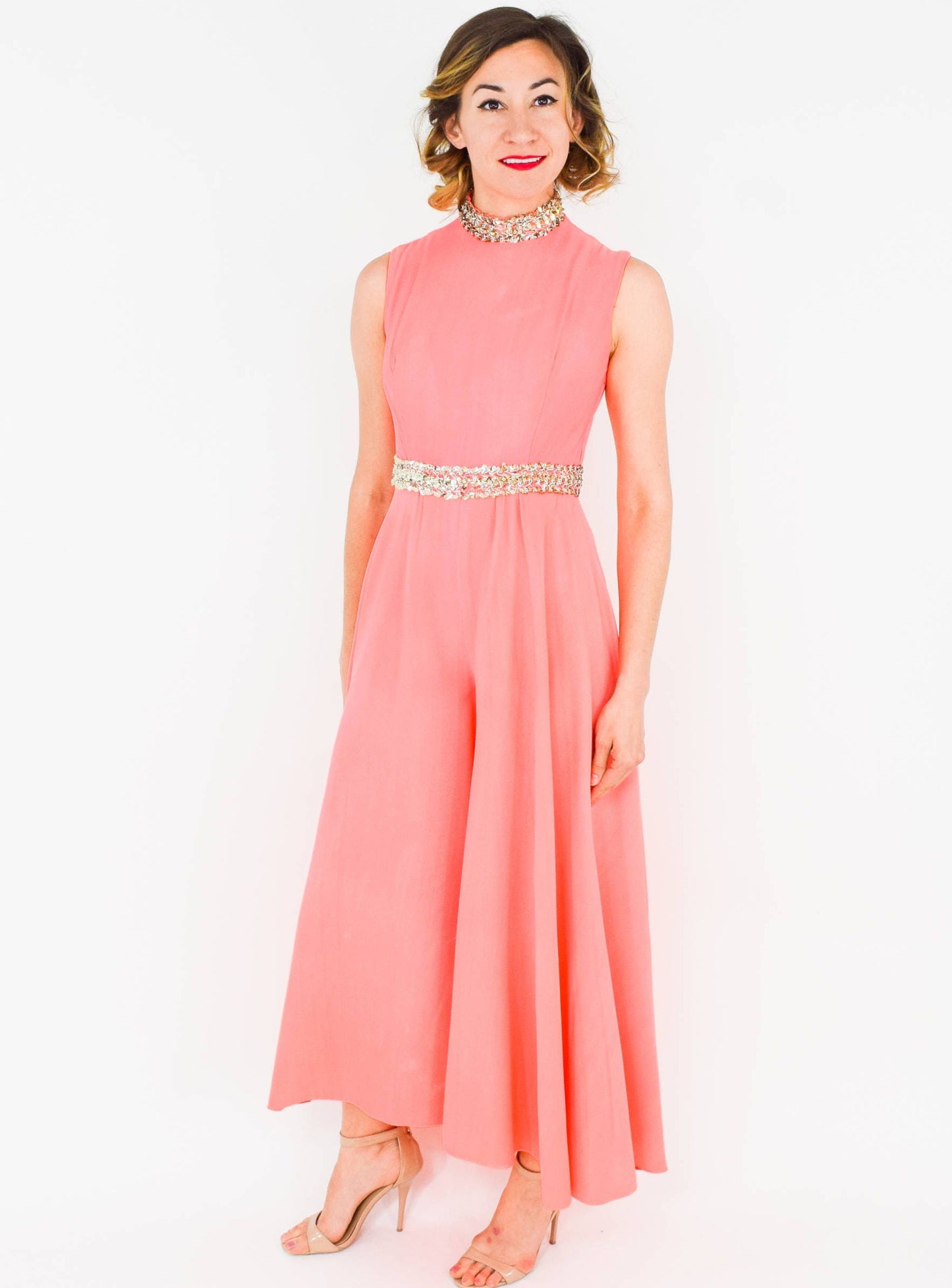 1960s Coral Crepe Palazzo Jumpsuit, Small