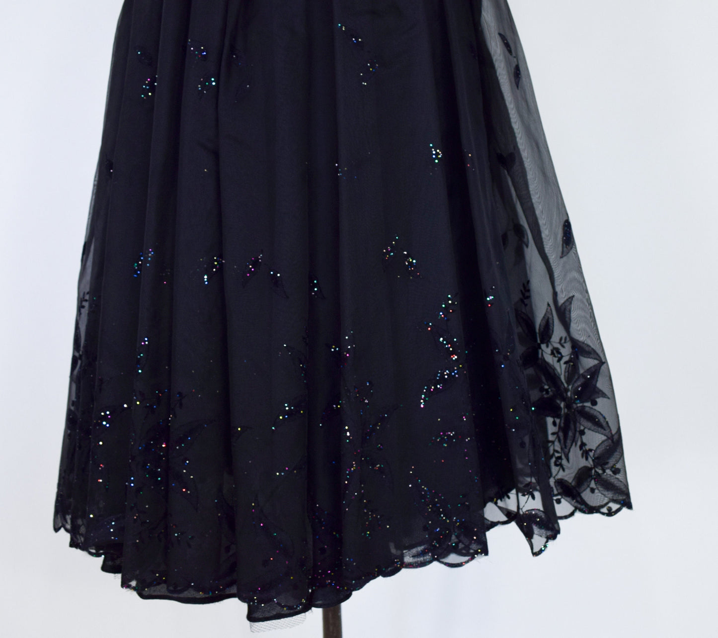 1950s Black Glitter Evening Skirt Set | 50s Black Organza Full Skirt & Velvet Top | Small