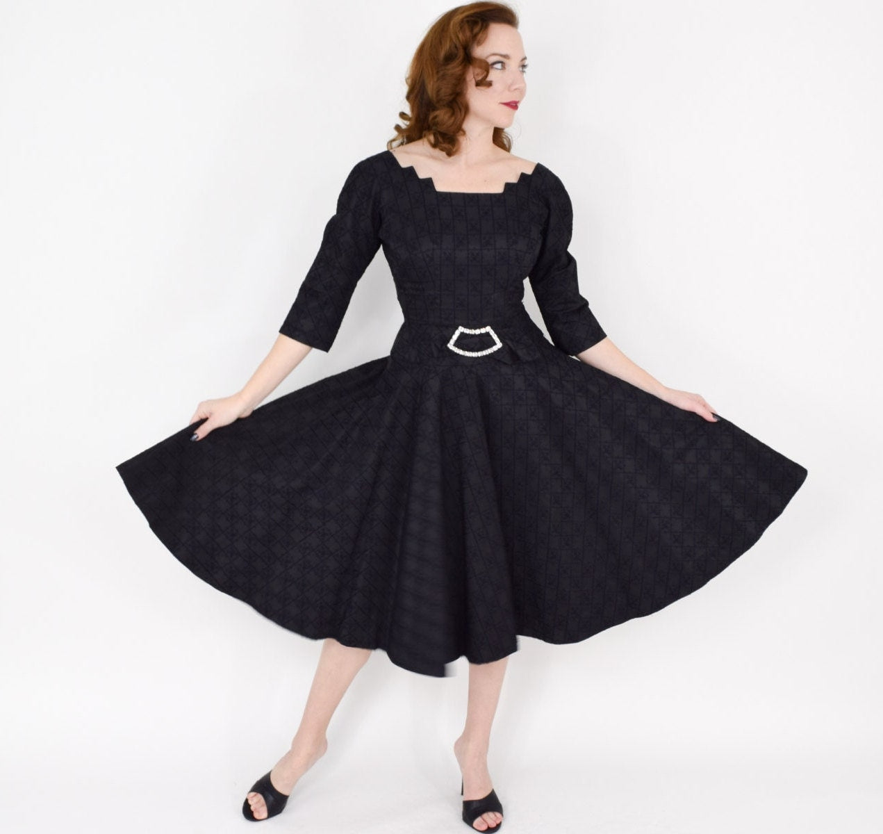 1940s Black Taffeta Cocktail Dress with Rhinestone Belt, Small