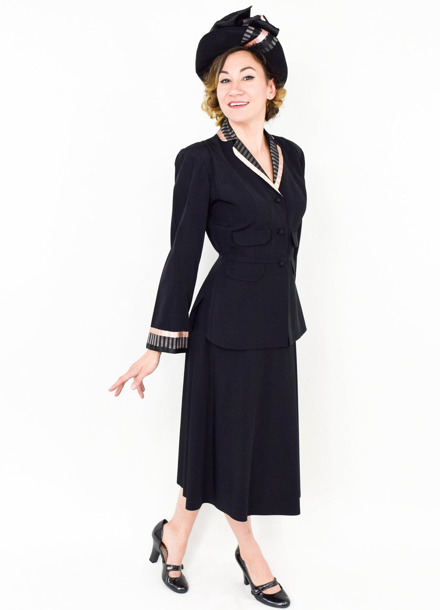 Vintage 1940s Doris Dodson Black Faille Suit | Black Pink Jacket & Skirt, Medium