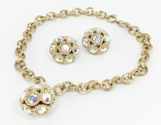 1960s Gold Rhinestone Necklace Set | Rhinestone Pendant & Earrings