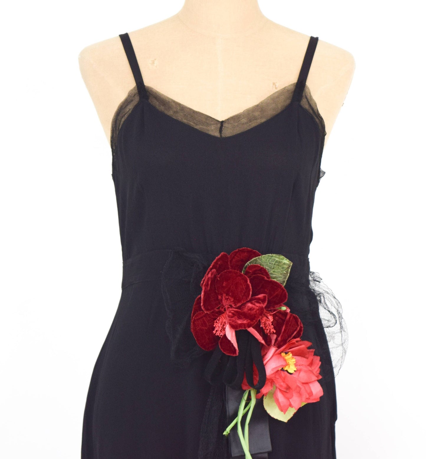 1930s Black Silk Crepe Evening Dress with Red Velvet Flower, Medium