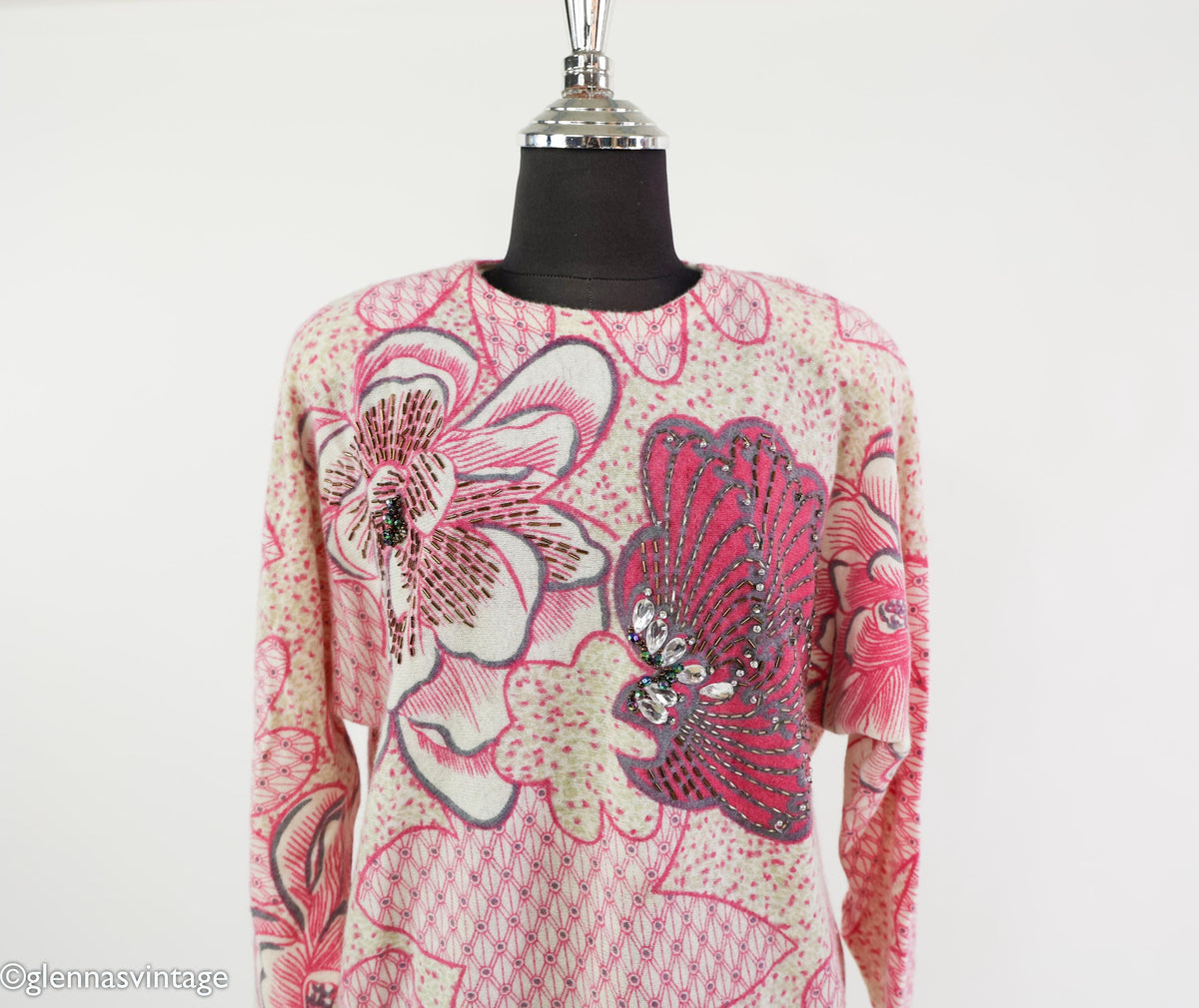 1980s Pink Flower Lambswool Sweater, Medium
