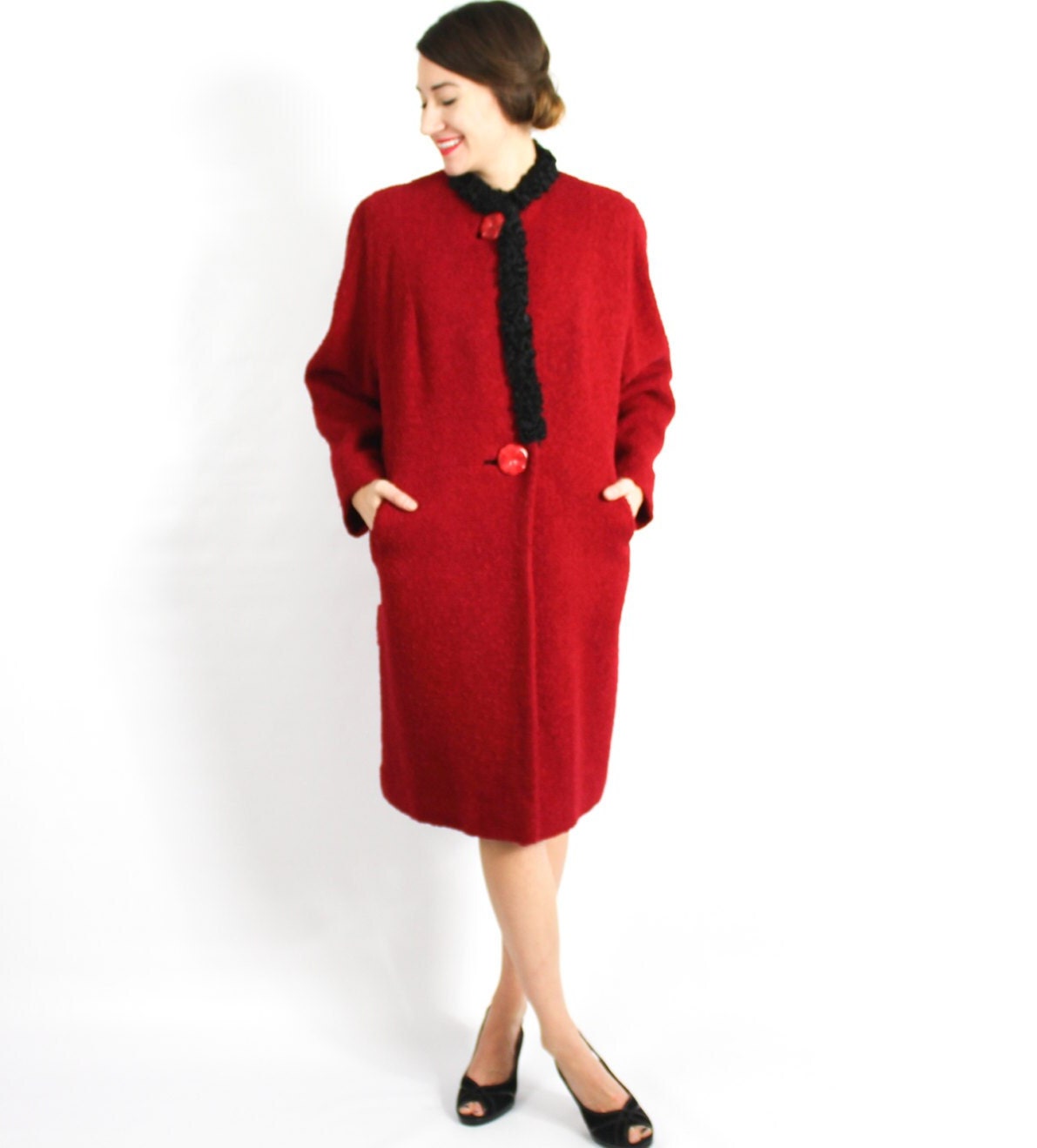 1940s Red Wool Boucle Coat with Black Persian Lamb Trim, Large
