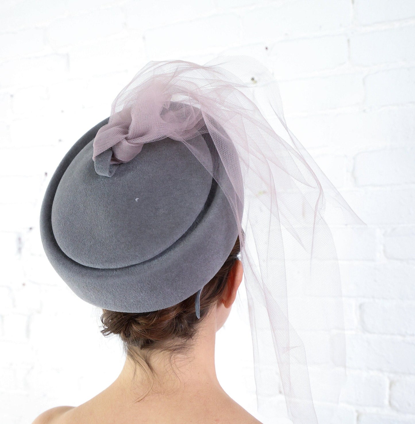 1960s Gray Wool Hat with Lavender Tulle Veil