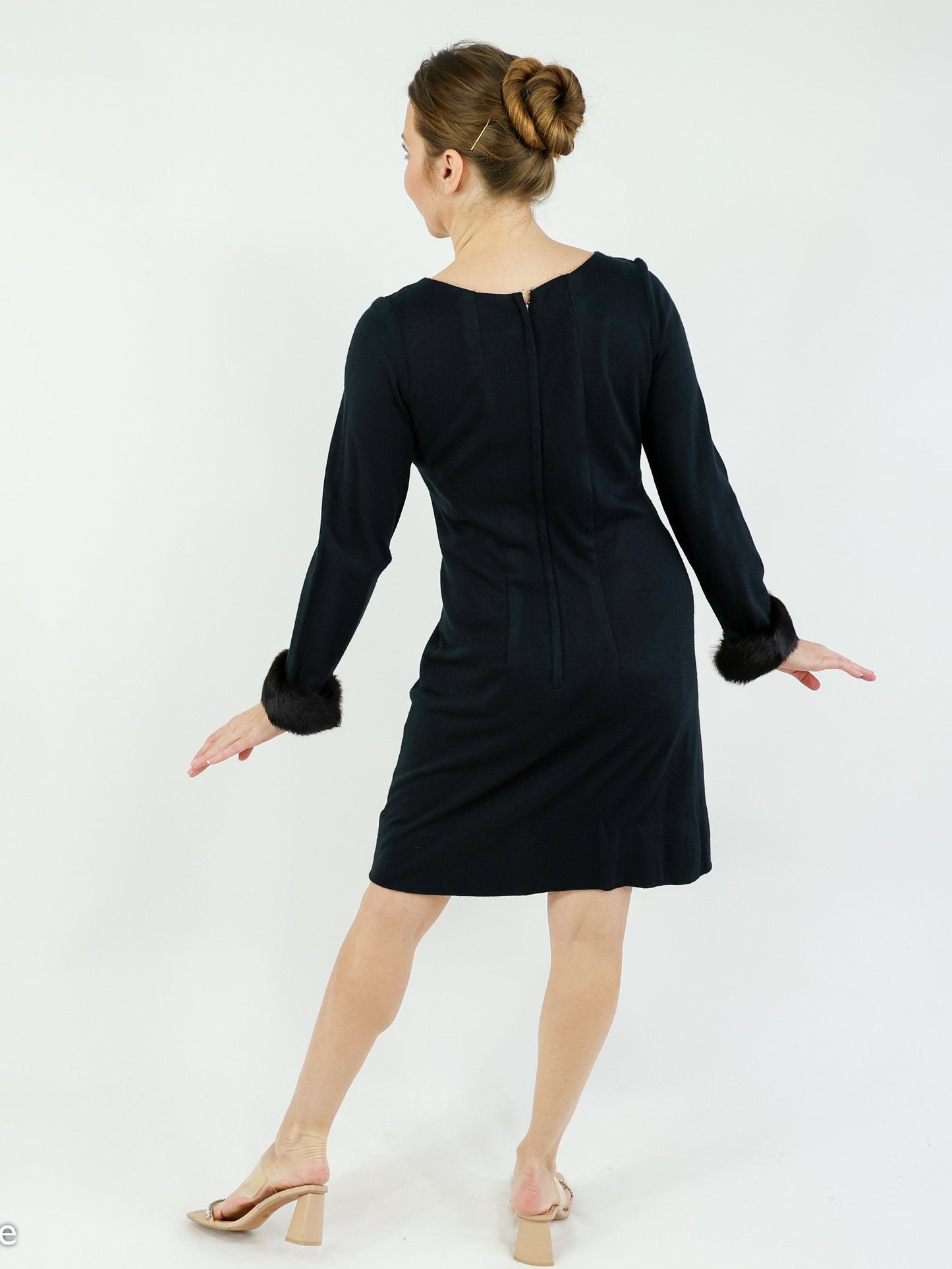 1960s Black Wool Fur Cuff Dress | 60s Black Wool Knit Cocktail Dress | Medium