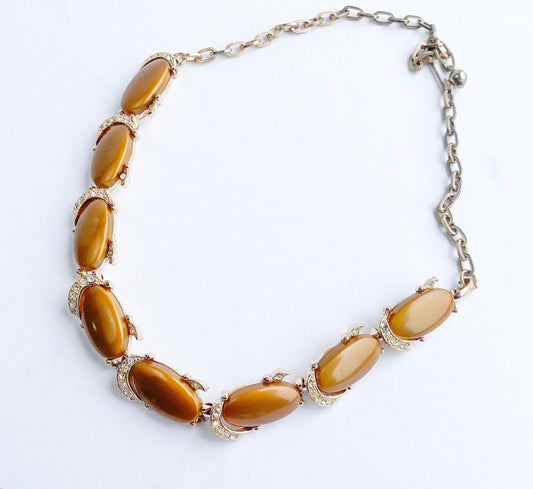 1960s Brown Plastic & Rhinestone Necklace | 60s Brown Lucite Necklace