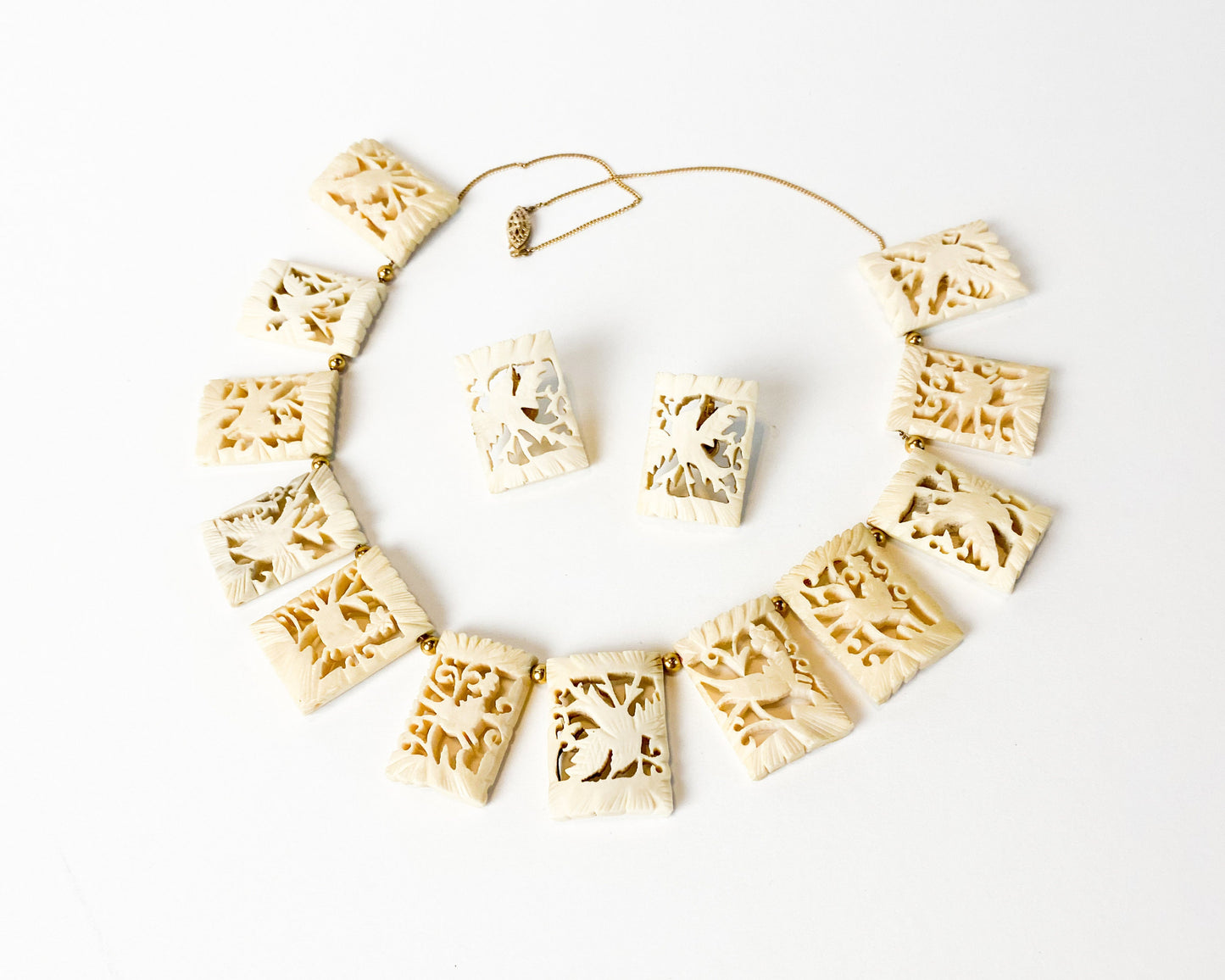 1950s Carved Bone Bird Necklace and Earrings Set