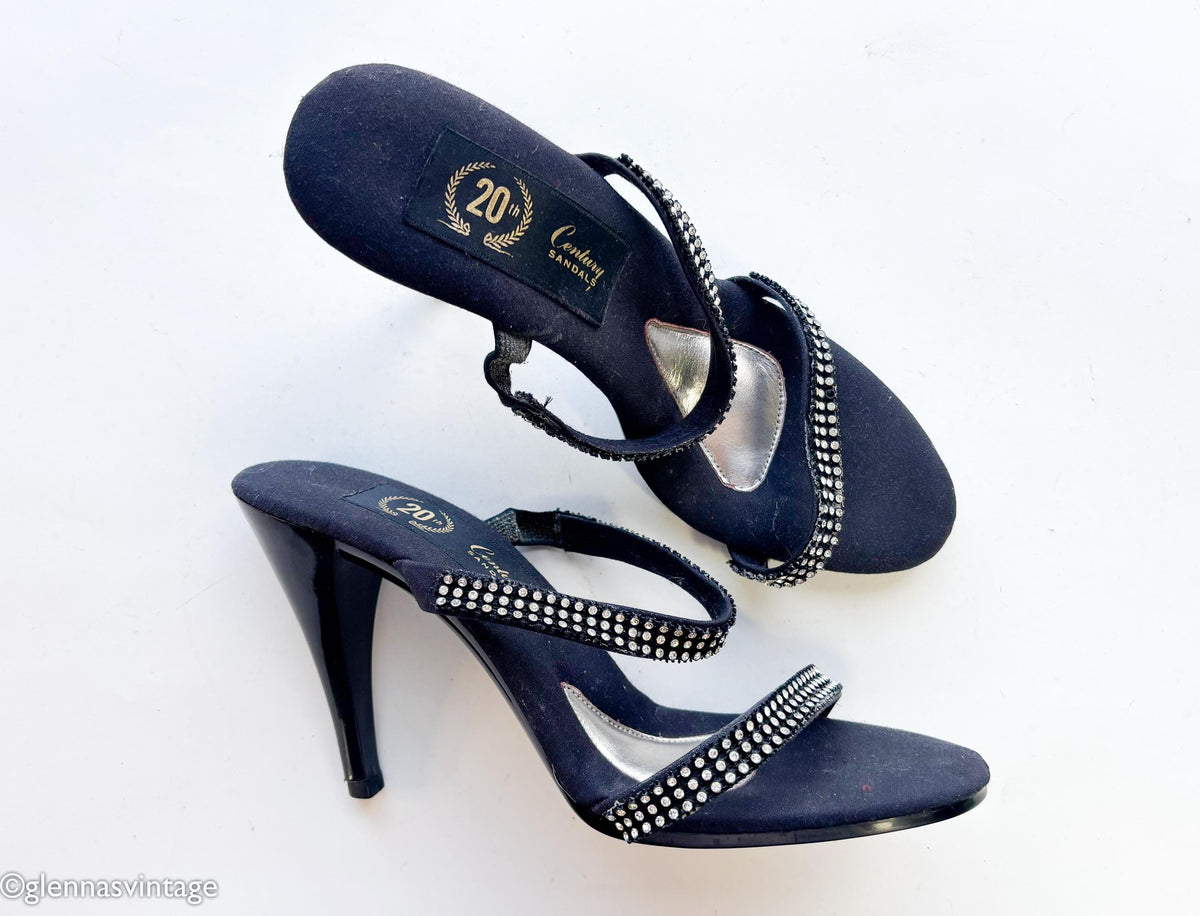 1950s Black Rhinestone Strappy Heels Sandals, US 8