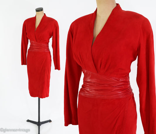 1980s Red Suede Leather Sheath Dress, Small