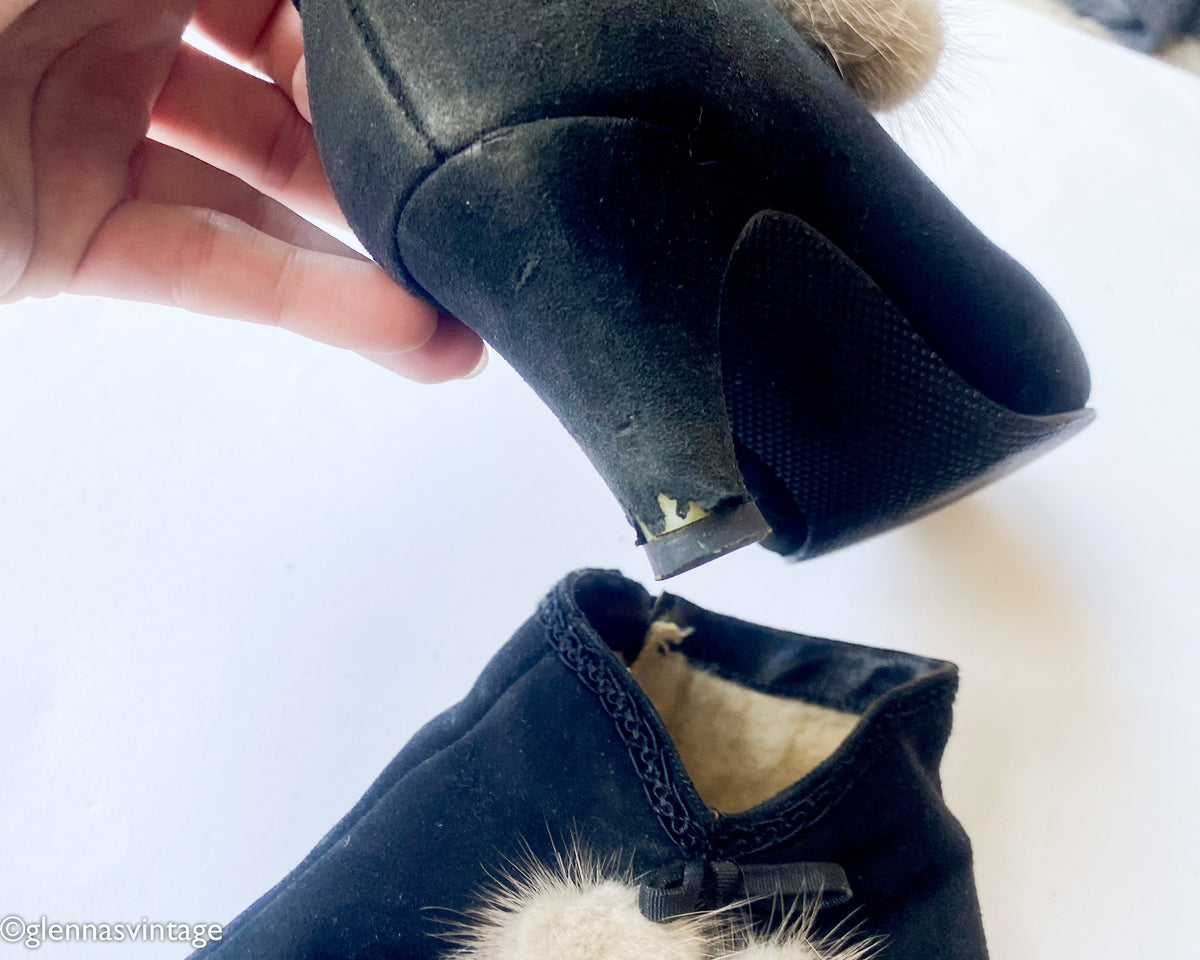 1950s Black Suede Booties with Mink Fur Pom Poms, Size 6