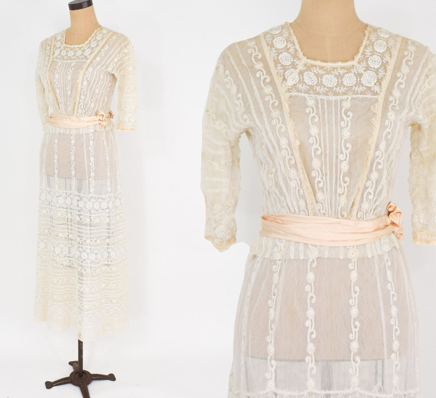 1900s Ivory Lace Wedding Gown, Tiered Edwardian Dress, Extra Small