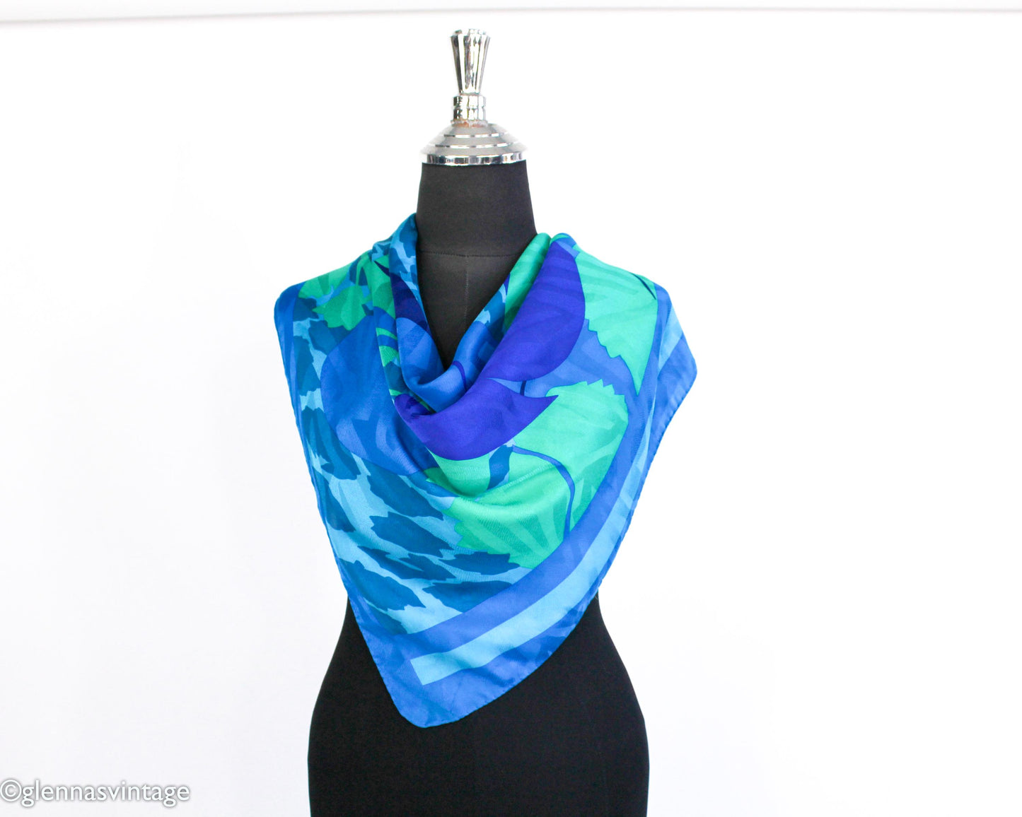 1980s Turquoise Blue Print Silk Scarf