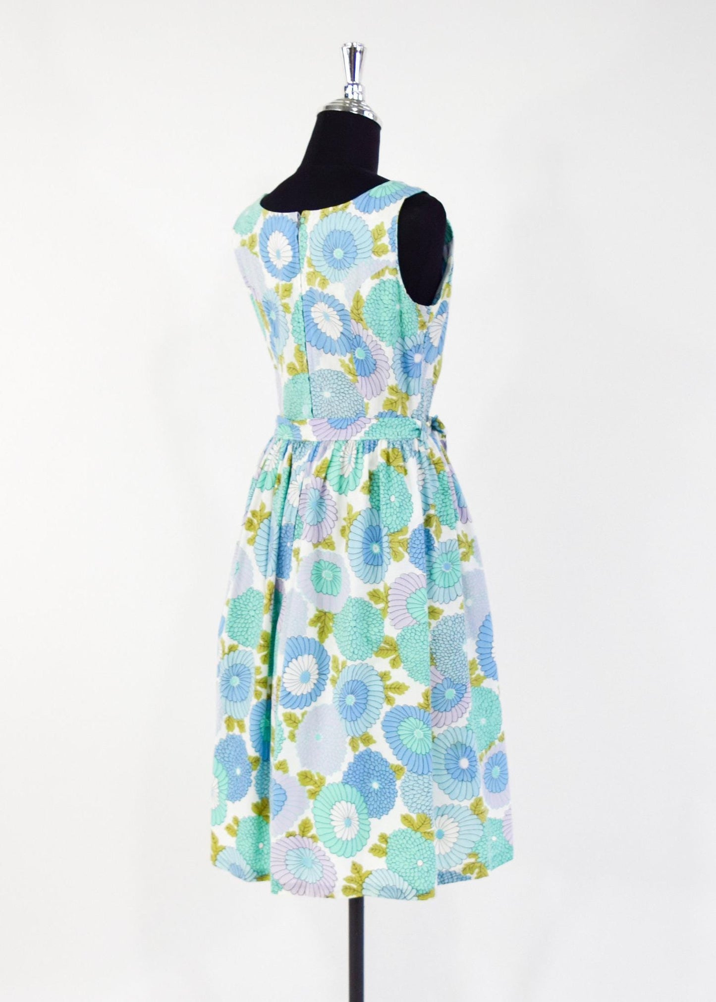 1950s Blue Turquoise Floral Print Cotton Day Dress, Medium