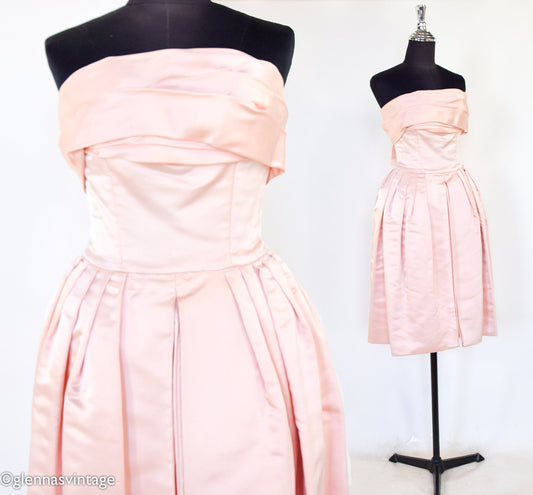 1950s Pink Satin Strapless Prom Party Dress, Extra Small