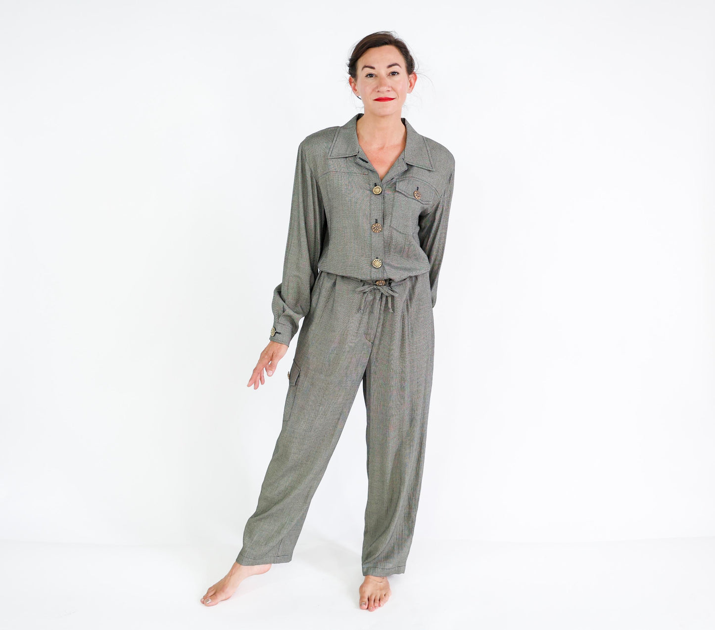 1980s Gray Woven Rayon Jumpsuit, 44