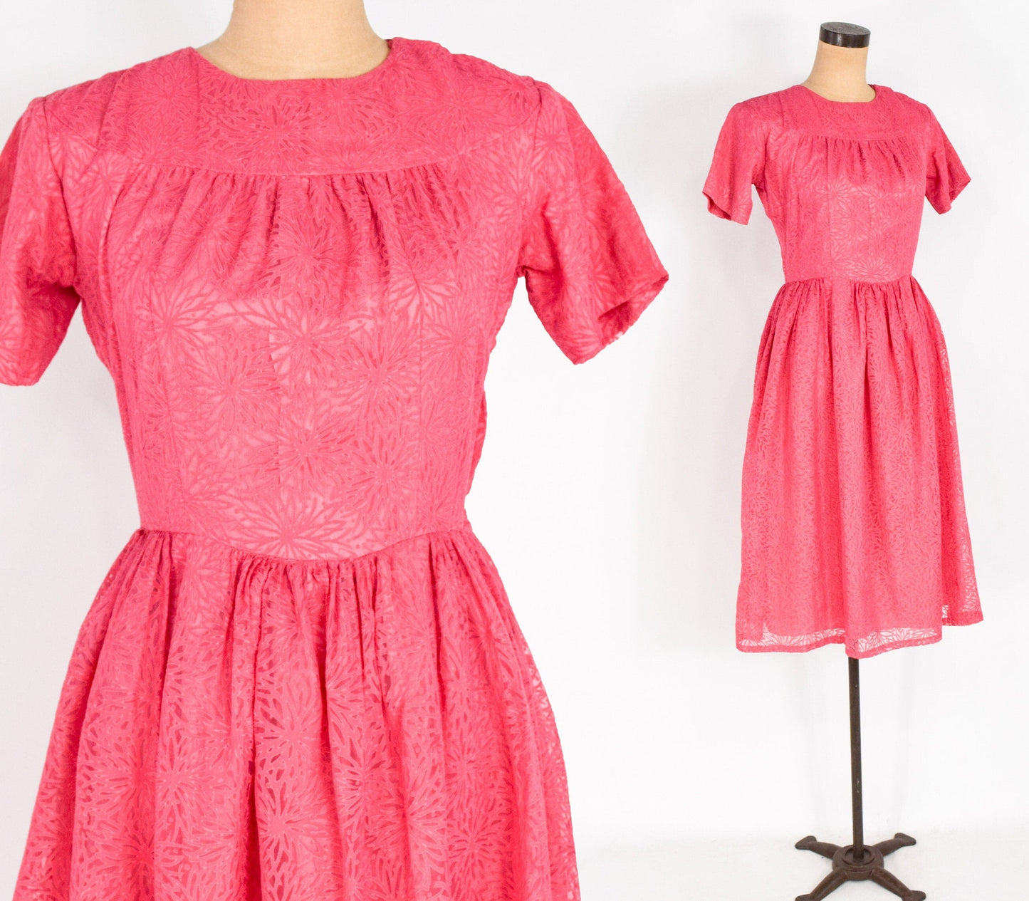1950s Pink Chiffon Dress in Floral Burnout Fabric, Small