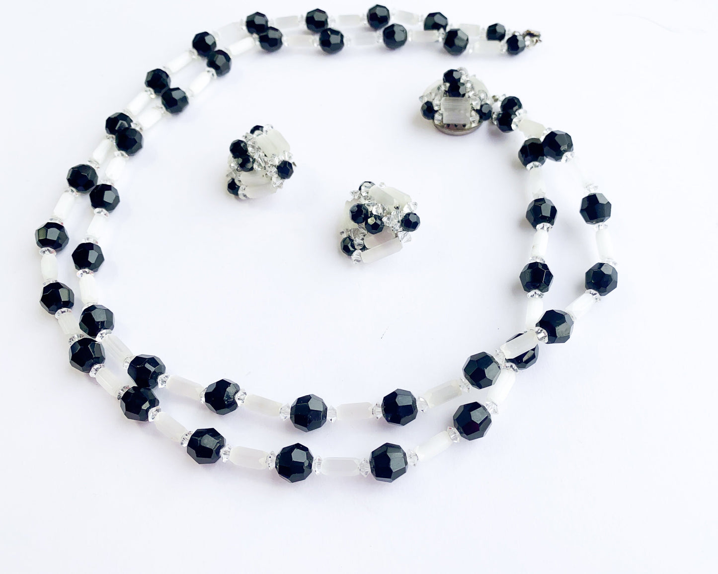 1960s Black & White Crystal Necklace Set | Black White Crystal Necklace Earrings