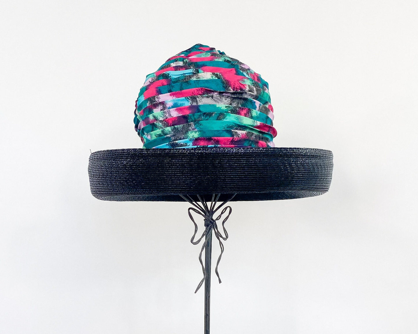 1960s Turquoise Print Silk High Crown Hat