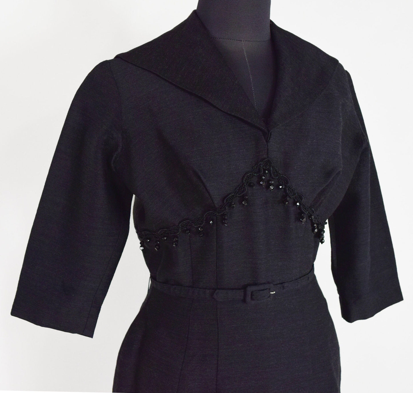 1940s Charcoal Gray Wool Dress with Collar | 40s Black Secretary Dress | White Removable Collar | Day to Night Dress | Chumley | Medium