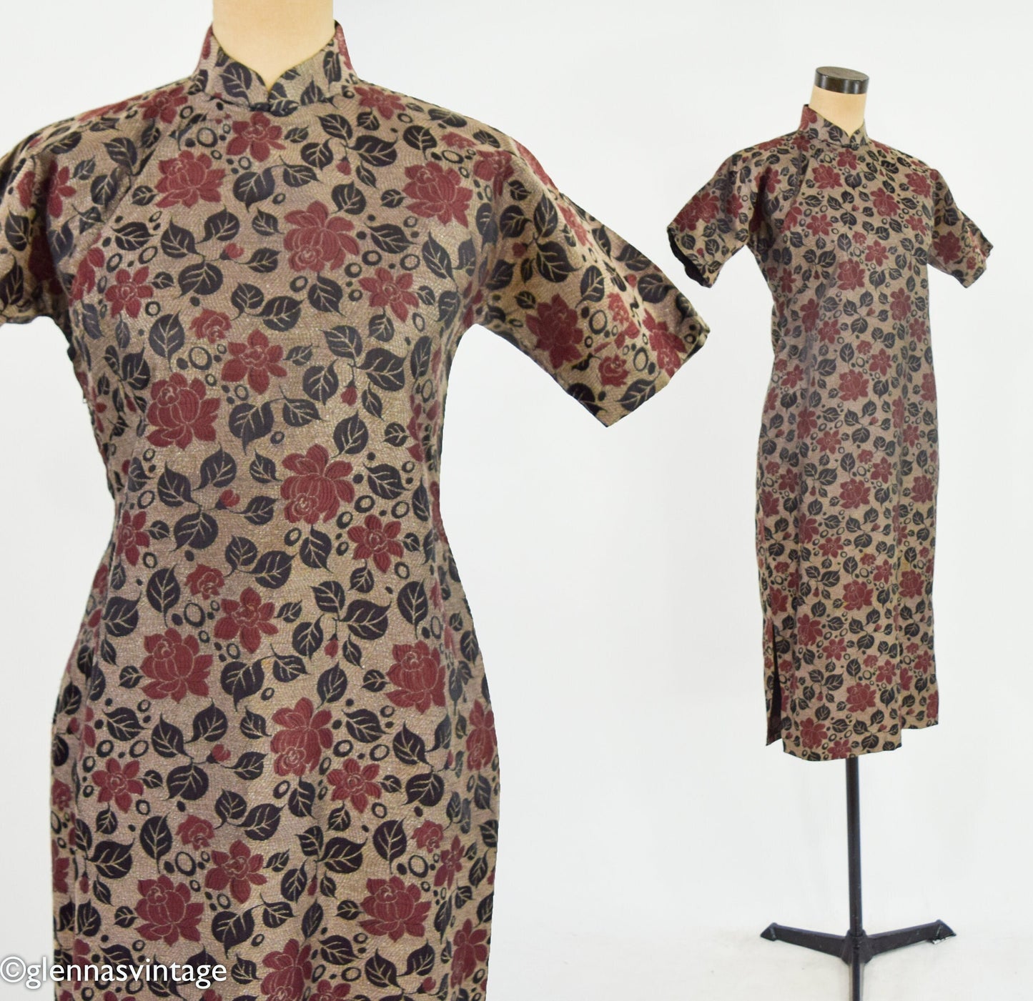 1950s Bronze & Burgundy Brocade Lamé Cheongsam Dress, Medium