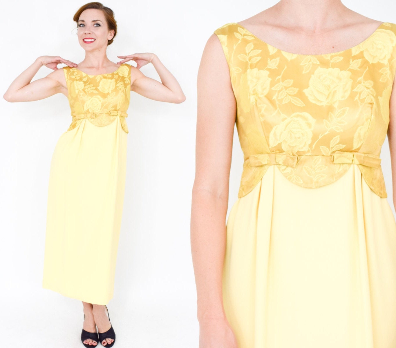 1950s Yellow Crepe Evening Dress | 50s Lemon Yellow & Brocade Party Dress | Small