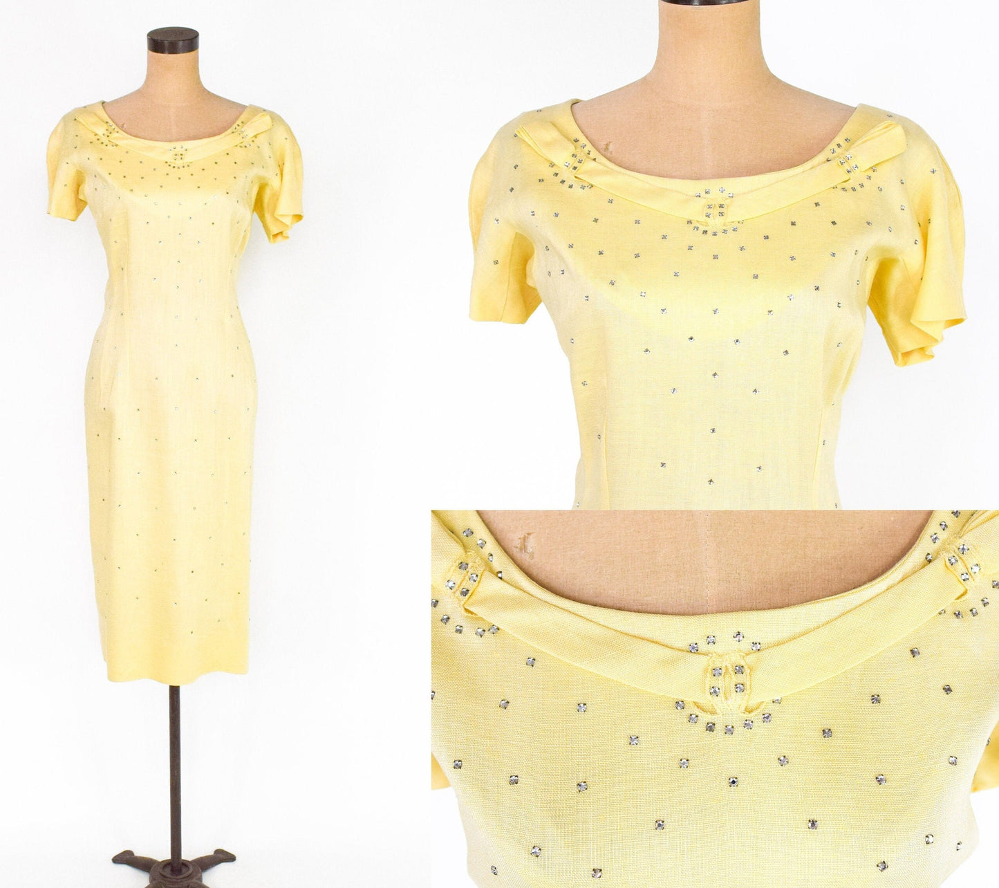 1950s Yellow Linen Sheath | 50s Yellow Cocktail Dress, Large