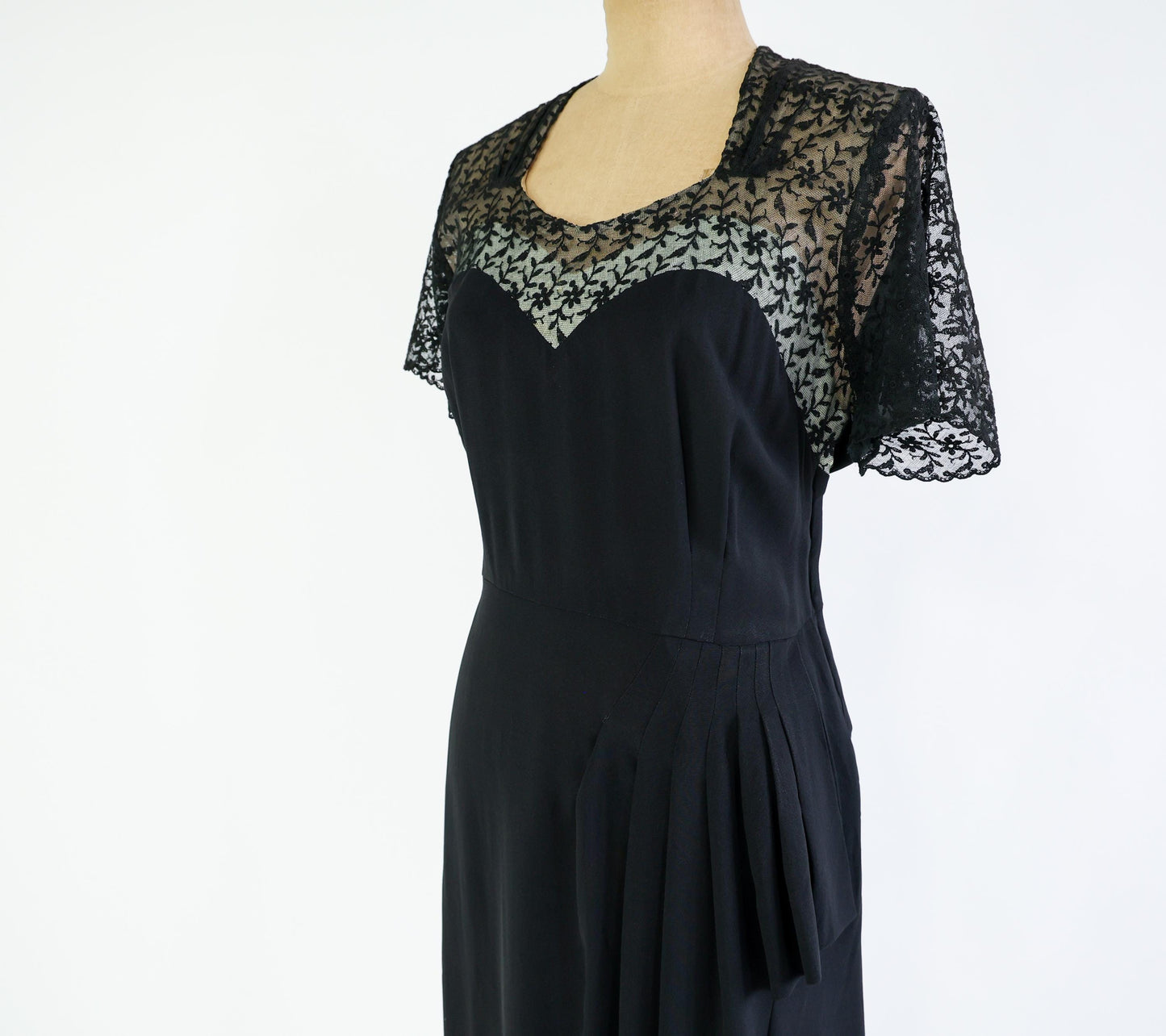 1940s Black Lace Crepe Dress, 34" Waist