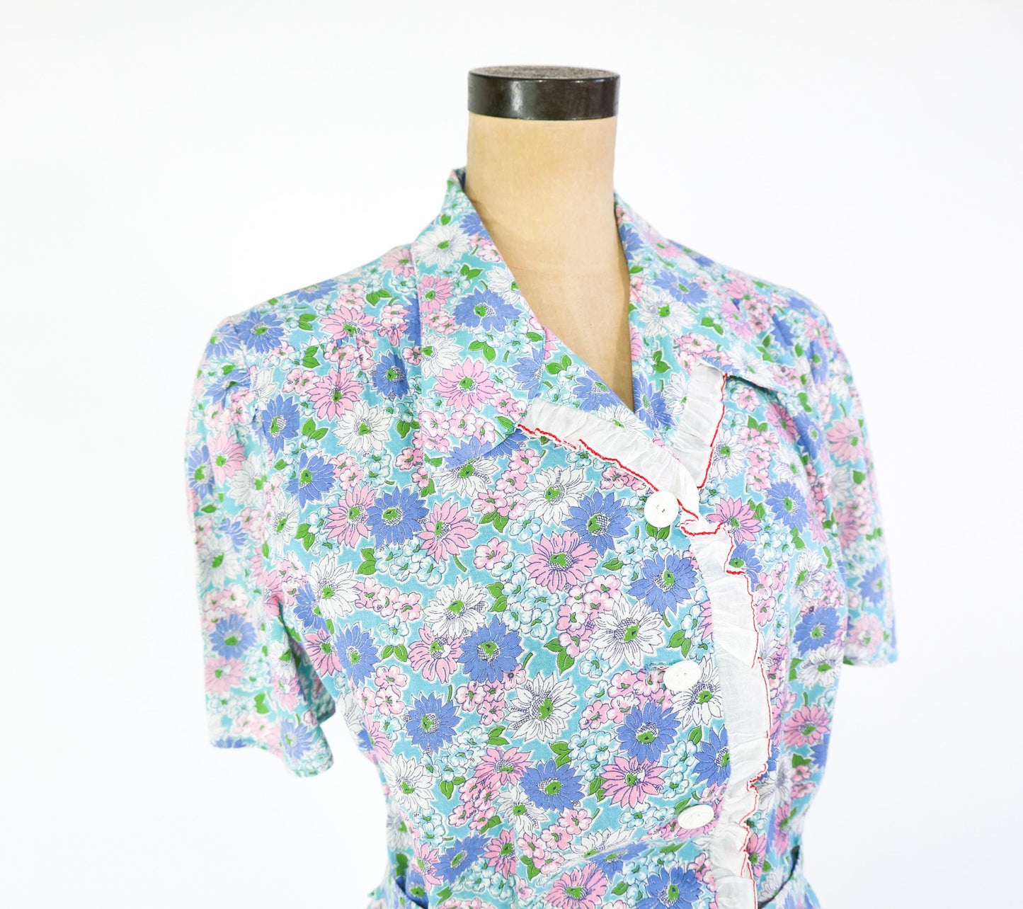 1940s Blue Pink Floral Cotton Day Dress, 40" Waist