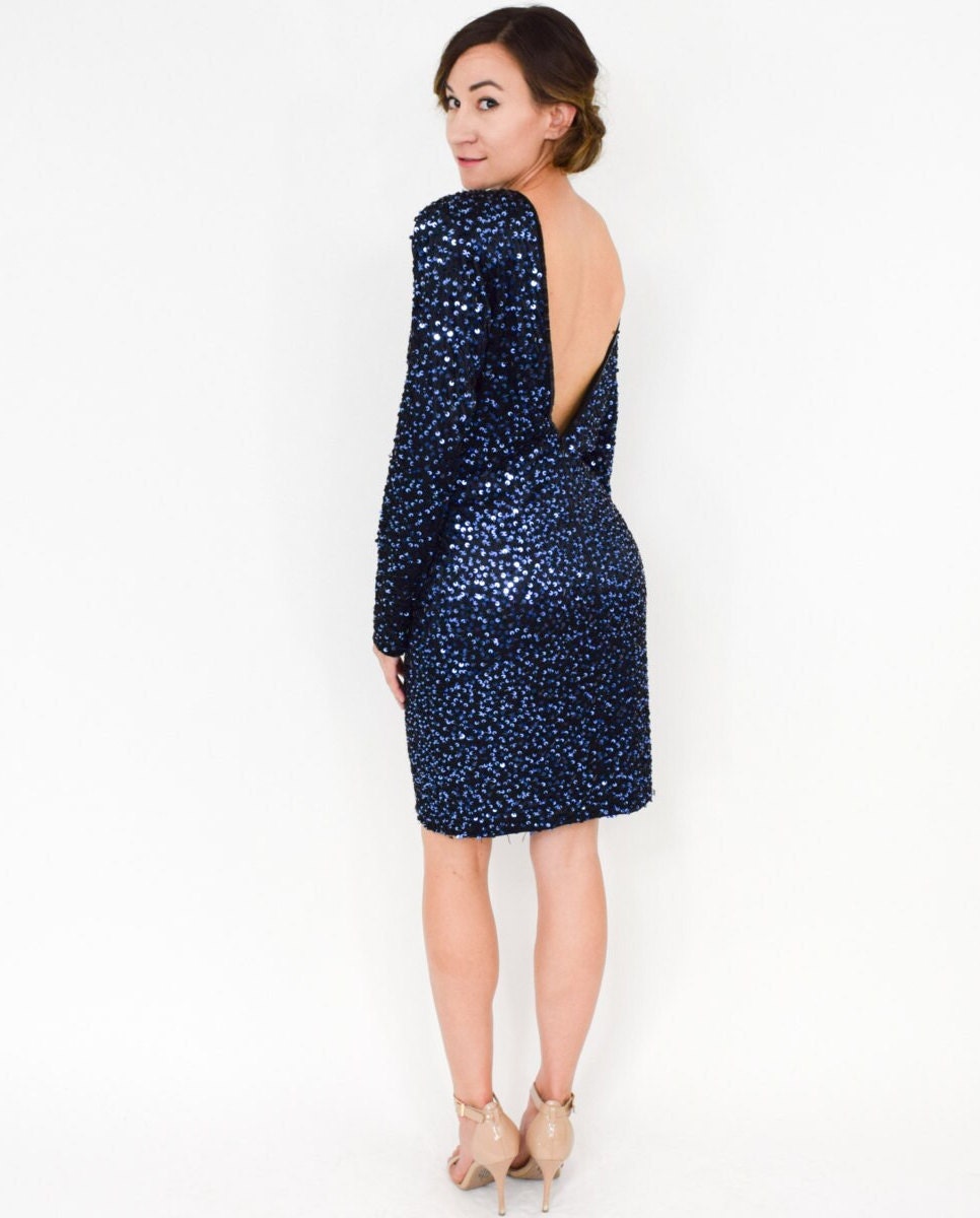 1990s Blue Sequin Low Back Party Dress, Medium