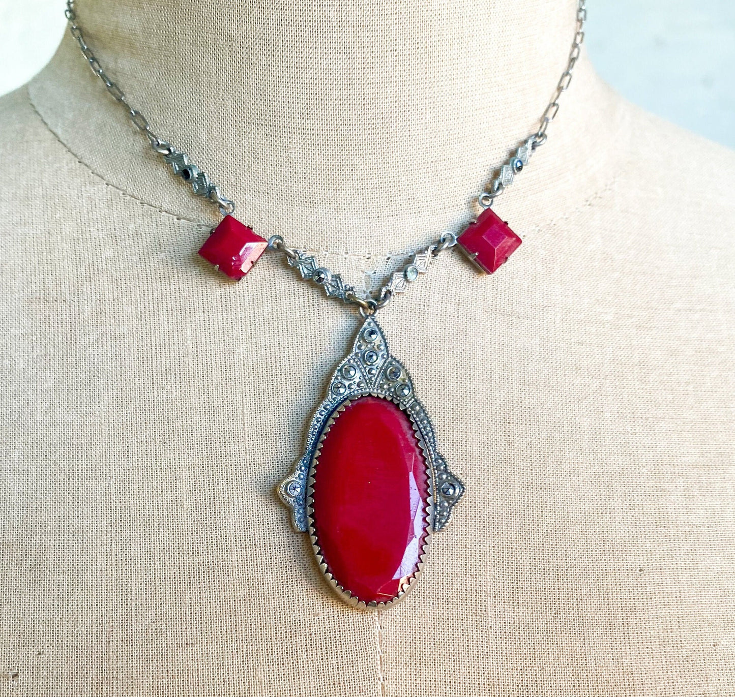 1920s Art Deco Red  Necklace | Red Faceted Glass Pendant