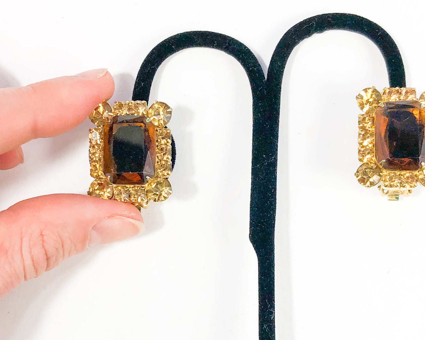 1960s Brown & Gold Rhinestone Earrings | 60s Rectangle Brown Rhinestone Earrings