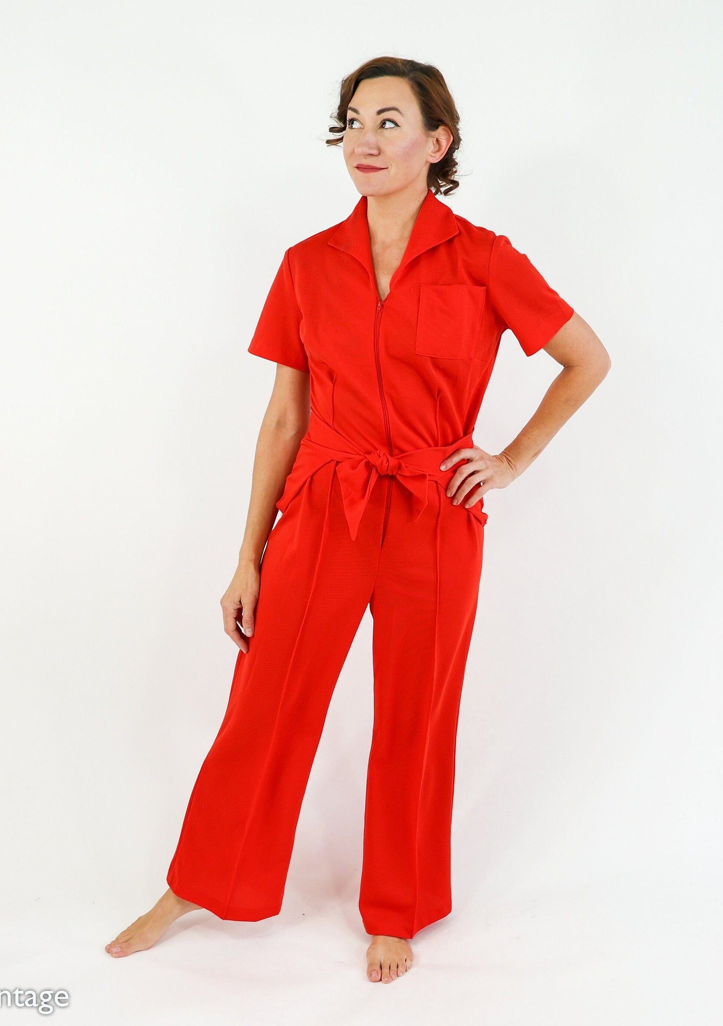 1970s Red Knit Jumpsuit, One Piece, Medium