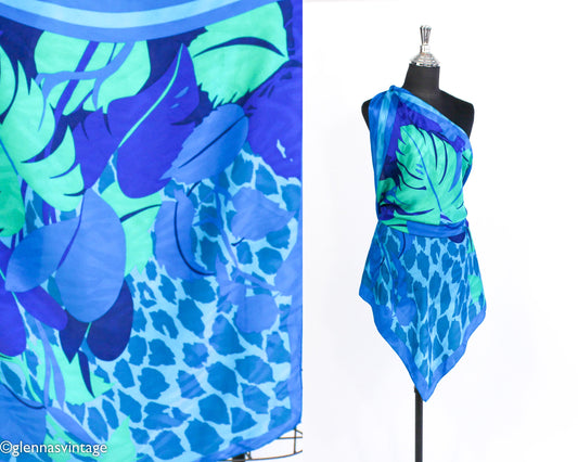 1980s Turquoise Blue Print Silk Scarf