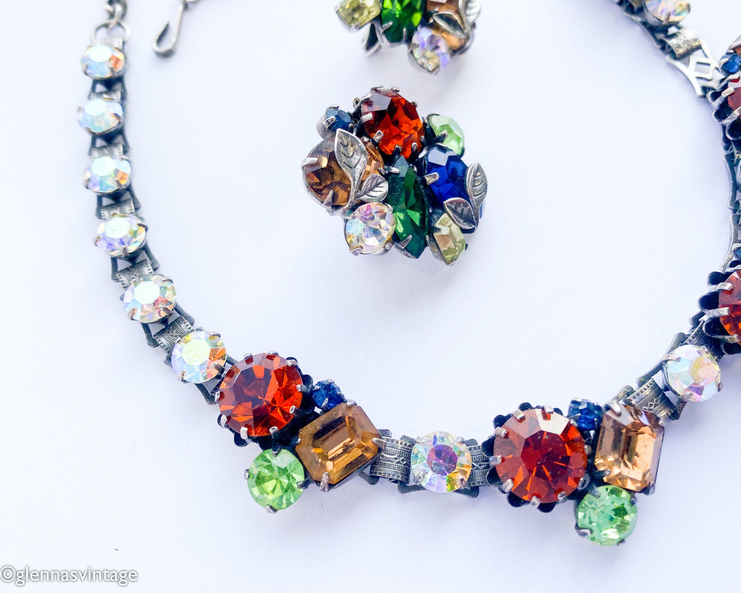Vendôme | 1940s Rhinestone Necklace Earrings Jewelry Set | 40s Autumn Rhinestone Evening Necklace Set | Vendôme