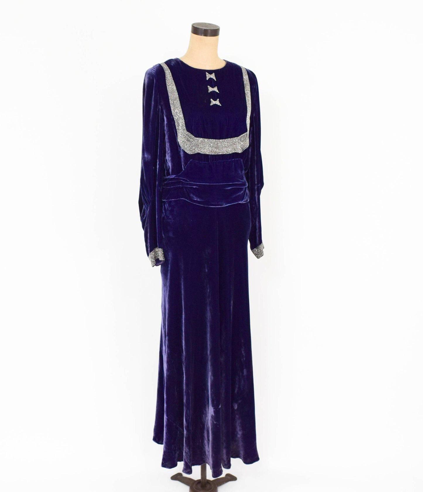 1900s Purple Silk Velvet Gown, Beaded Evening Dress, Medium Large