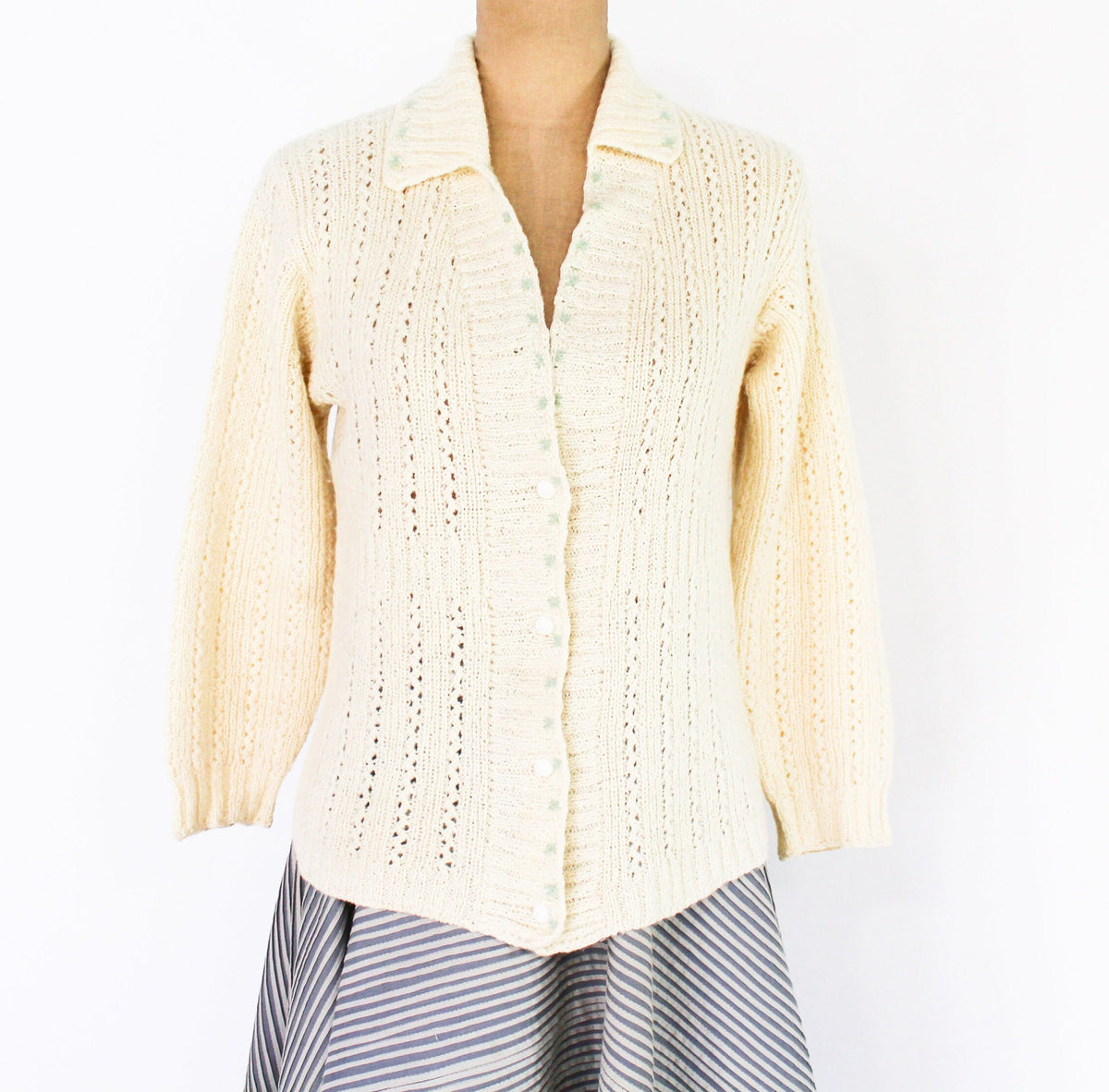 1950s Creme Wool Knit Cardigan, Medium
