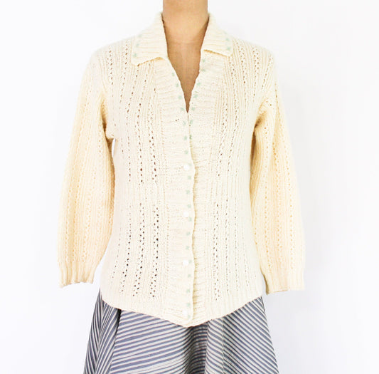 1950s Creme Wool Knit Cardigan, Medium