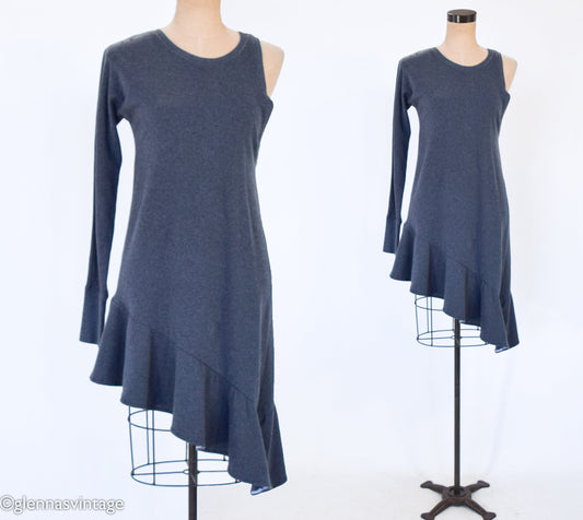 1990s Gray Knit Dress | 90s One-Sleeve Design Dress | Medium