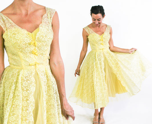 1940s Yellow Lace & Tulle Evening Dress, Extra Small