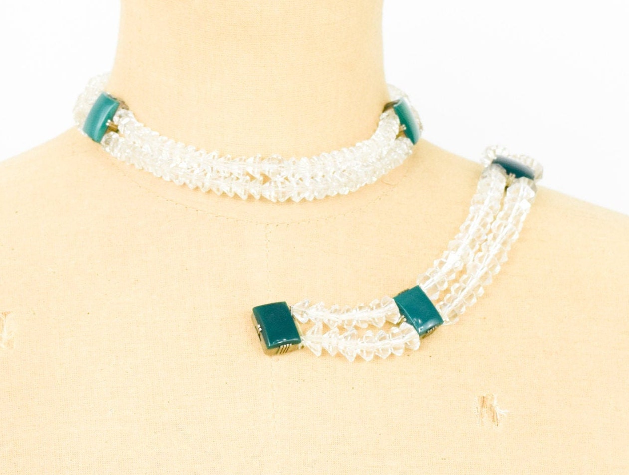 1930s Glass Crystal Necklace Bracelet Set, Green Glass & Sterling Silver Clasp