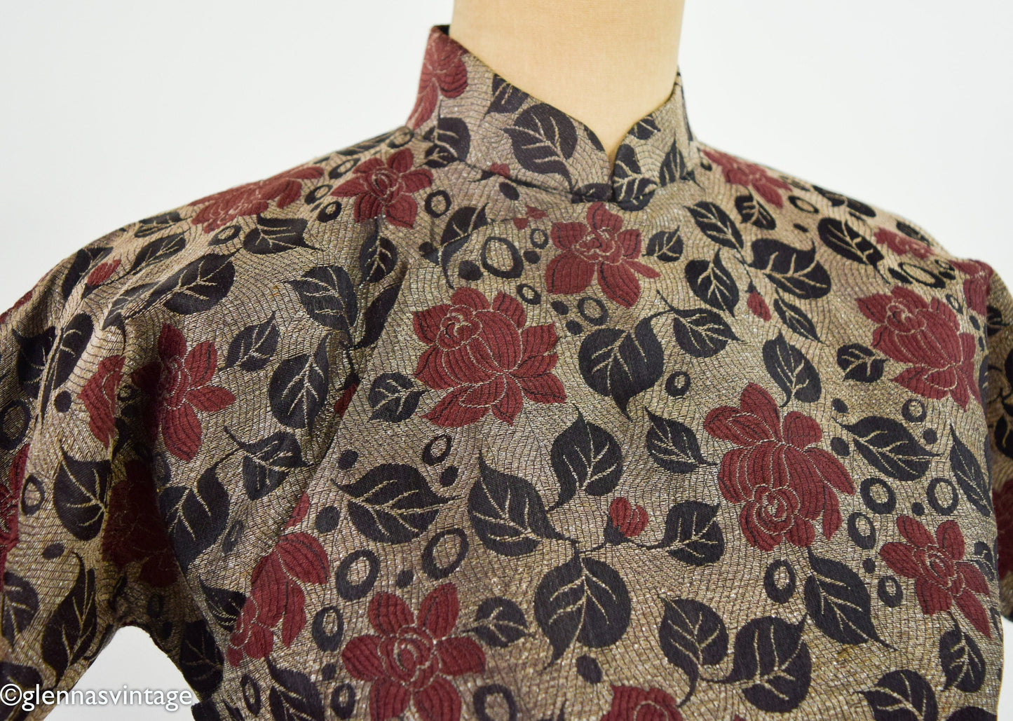 1950s Bronze & Burgundy Brocade Lamé Cheongsam Dress, Medium