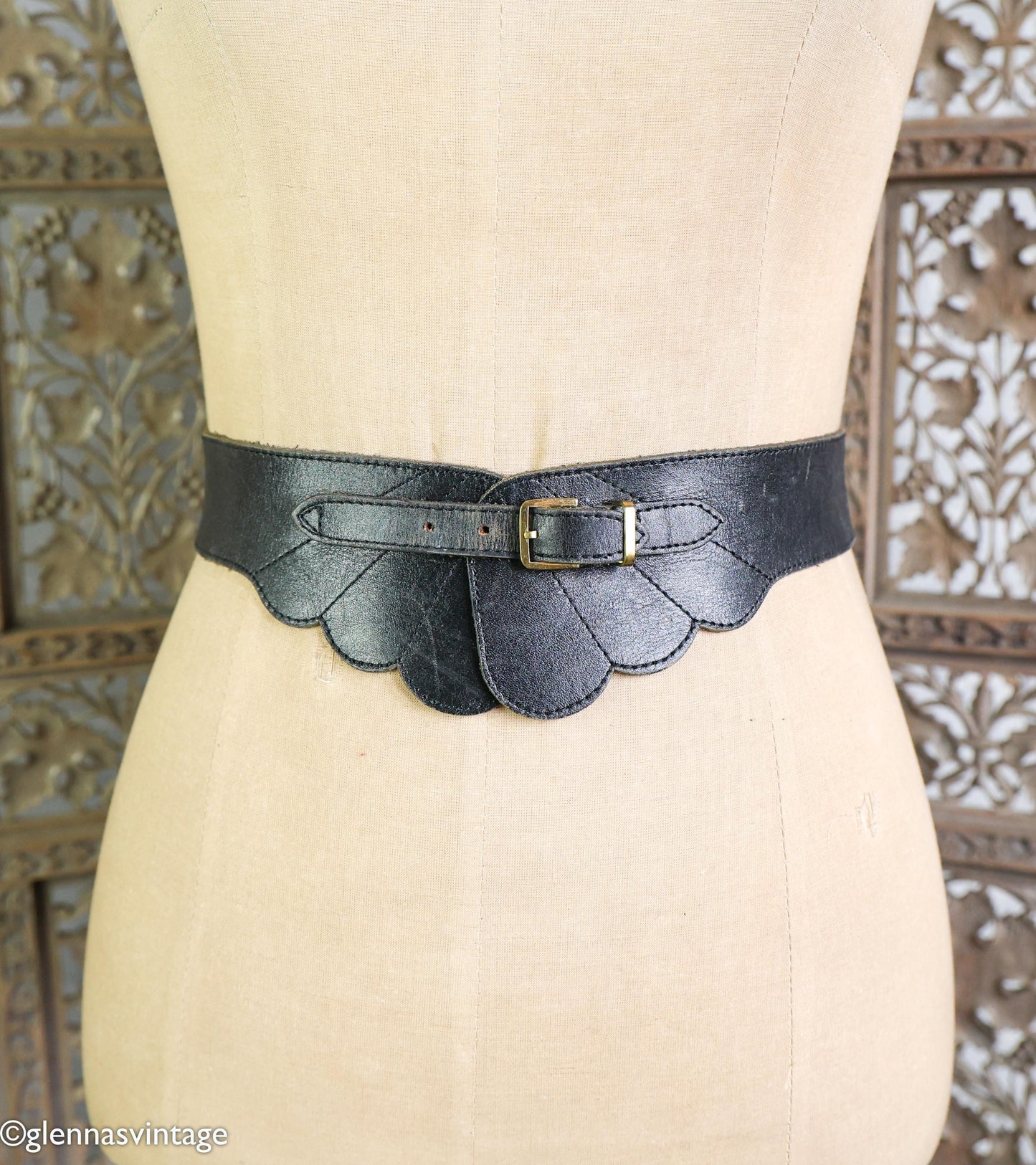 1950s Black Leather Scalloped Belt