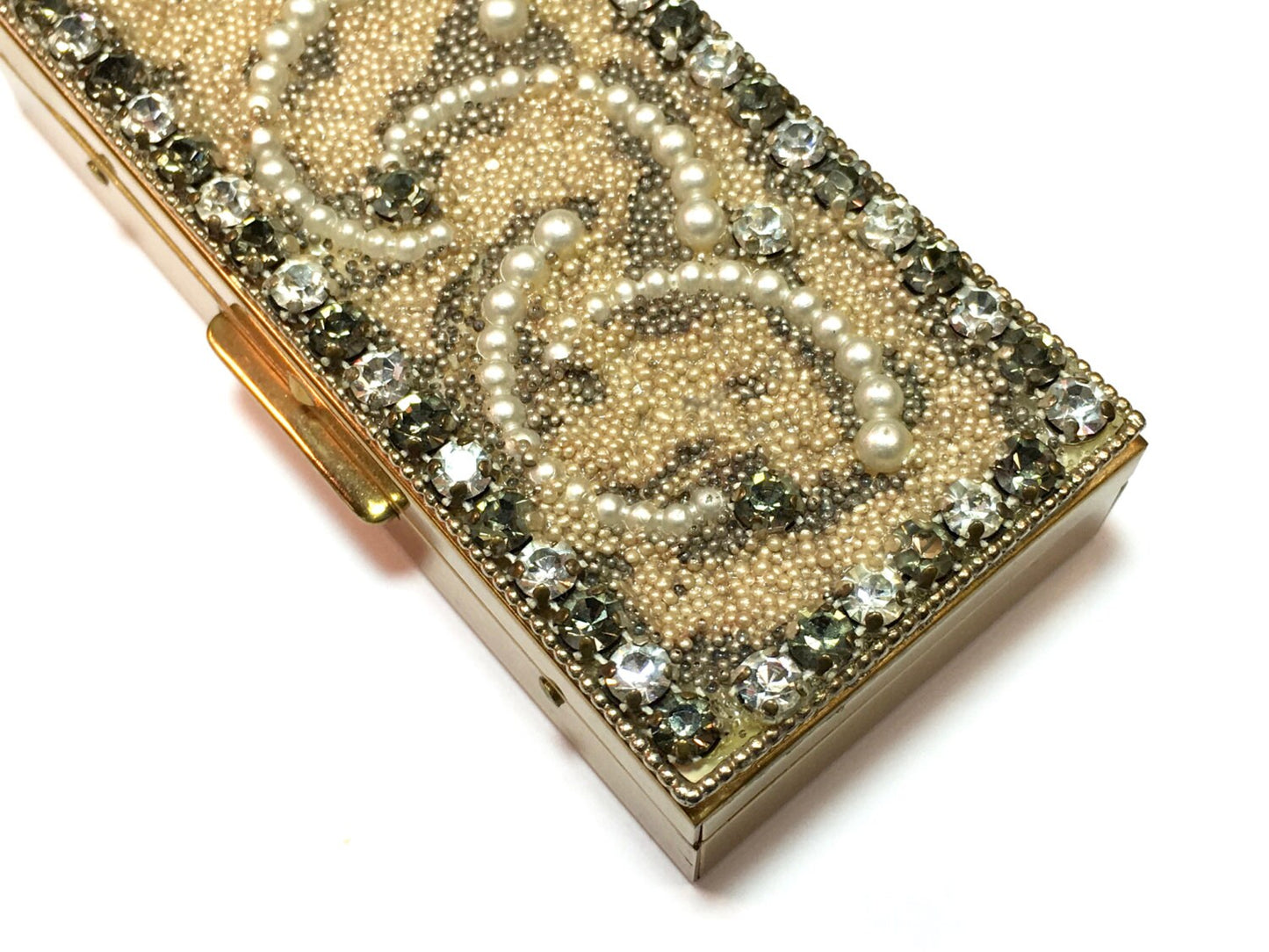 1950s Gold Cigarette Case | 50s Pearl Rhinestone & Gold Case | Vanity Case