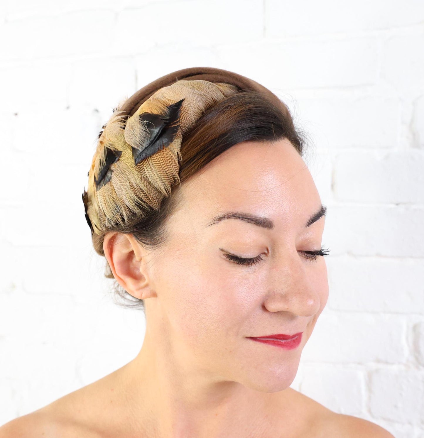 1950s Brown Feather & Wool Beret, Helen Joyce Original Hat