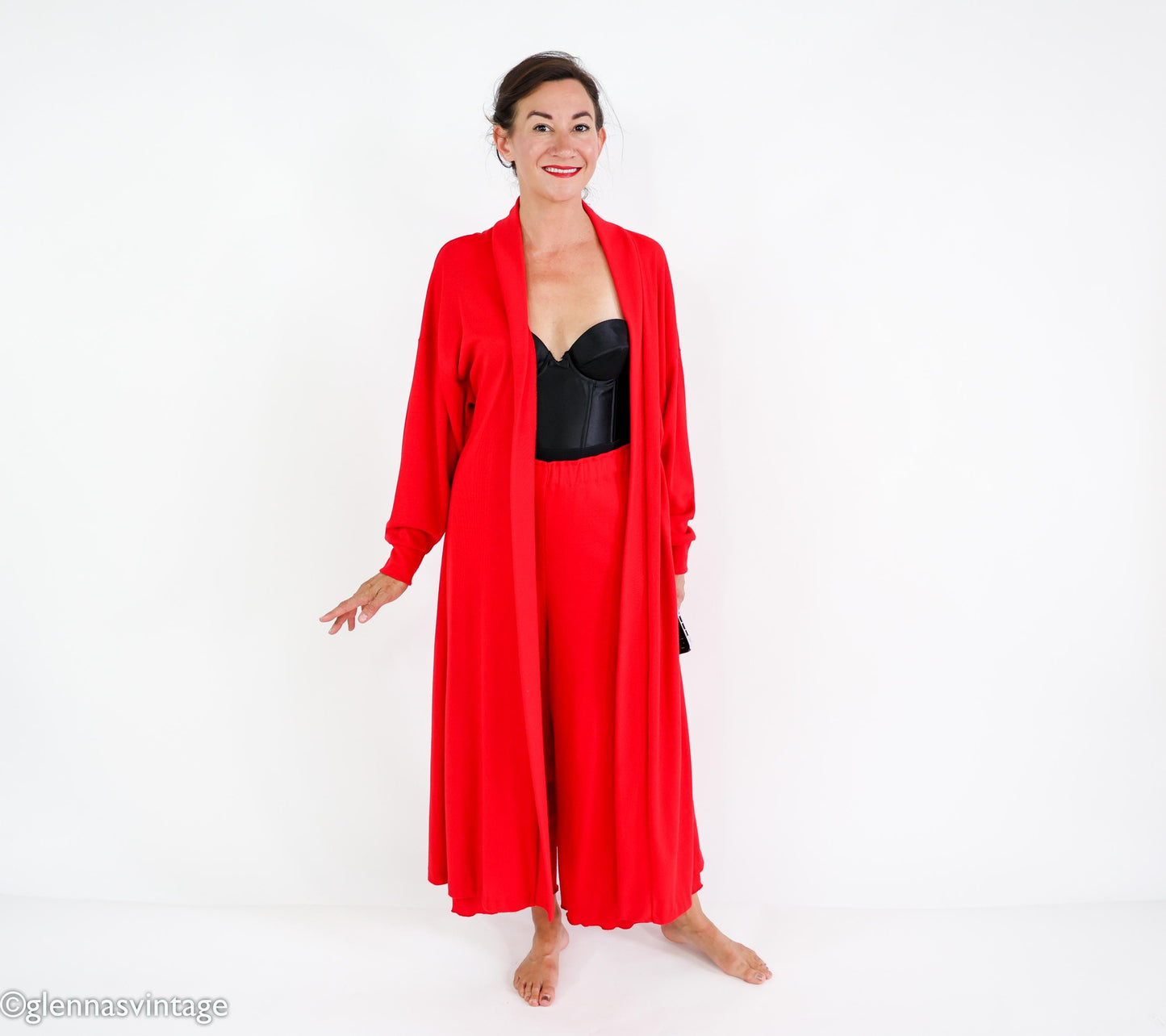 1980s Red Knit Lounge Set, Duster & Pants, Extra Large