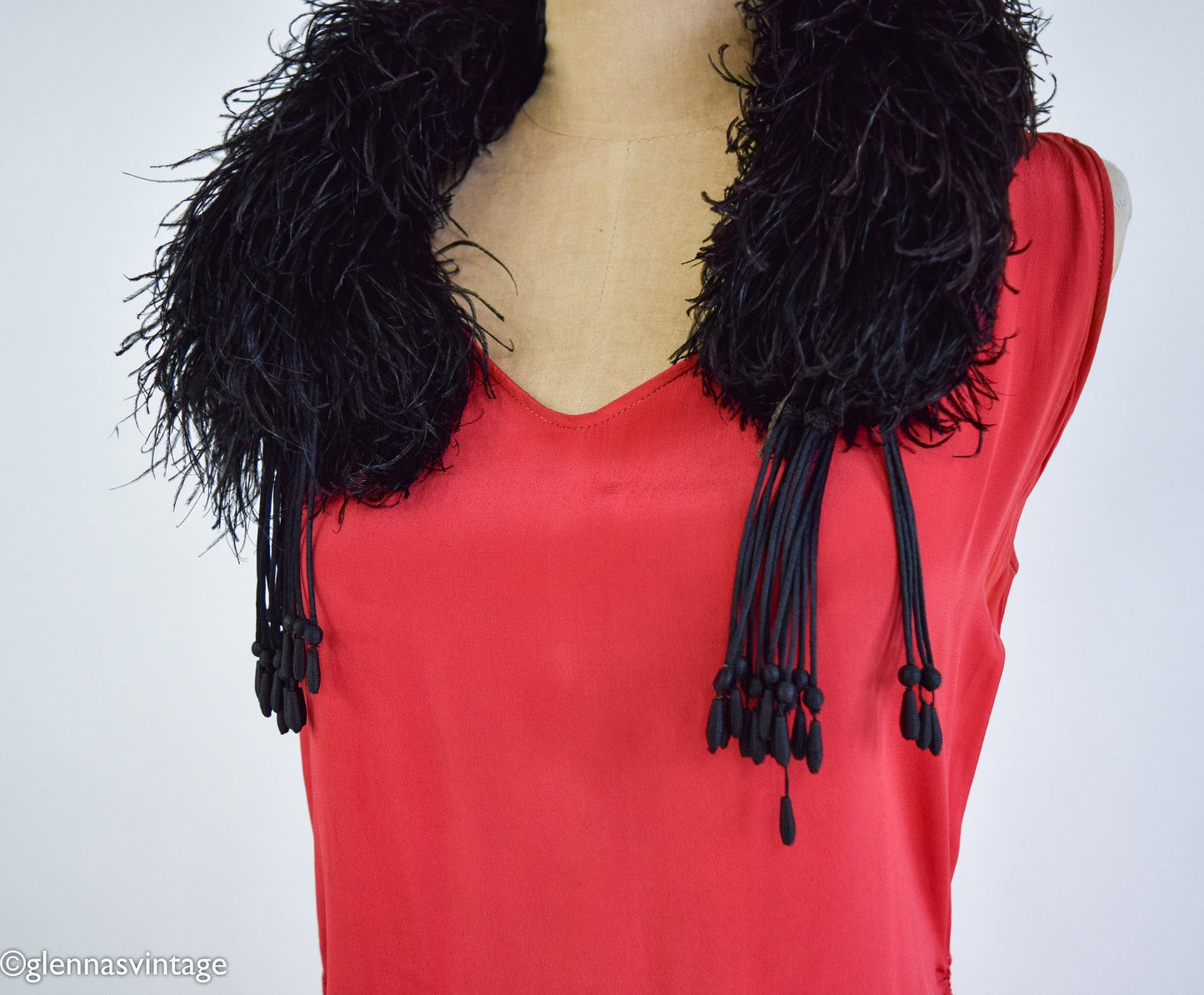 1900s Black Ostrich Feather Stole Boa with Beaded Tassels, Edwardian Era Scarf