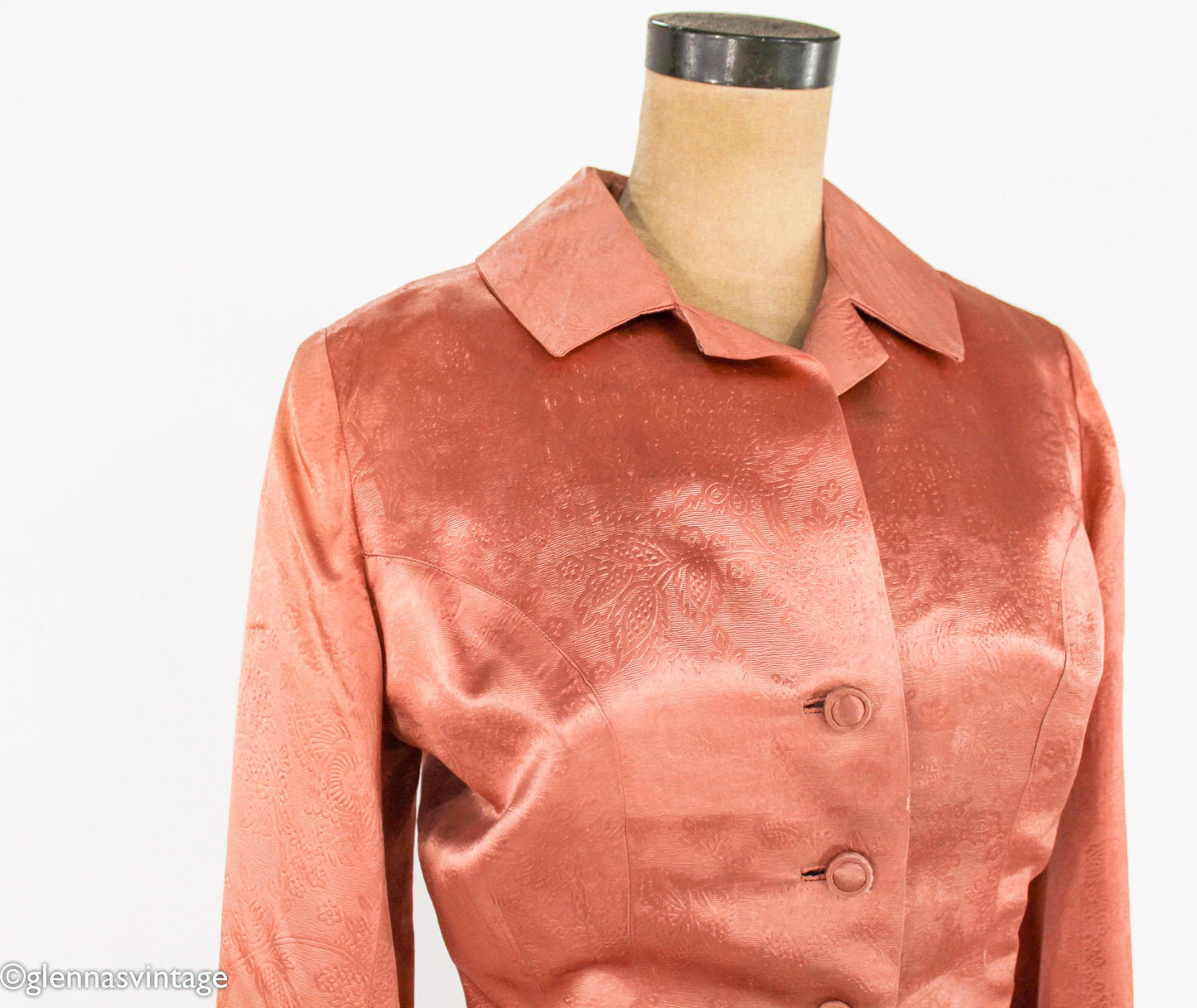 1940s Peach Satin Suit Set | 40s Orange Satin Wedding Skirt Suit Set | Medium
