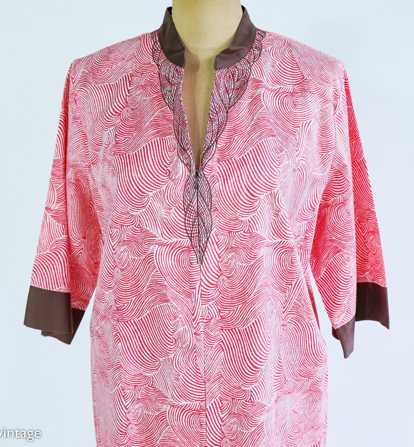 1980s Pink Cotton Caftan | 80s Pink Abstract Hostess Dress | Dressing Gown | I Magnin | Medium